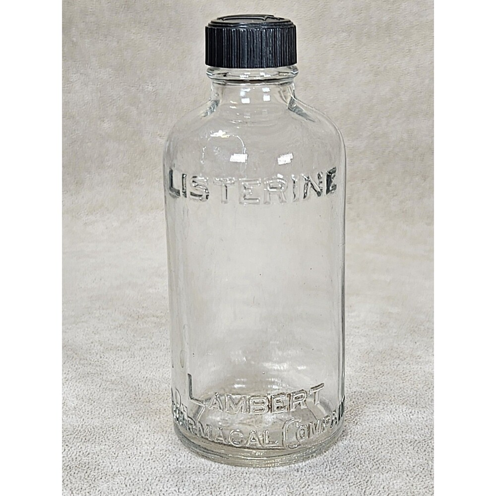 Antique Listerine Lambert Pharm CO. Raised Print Glass Bottle Monogrammed Top